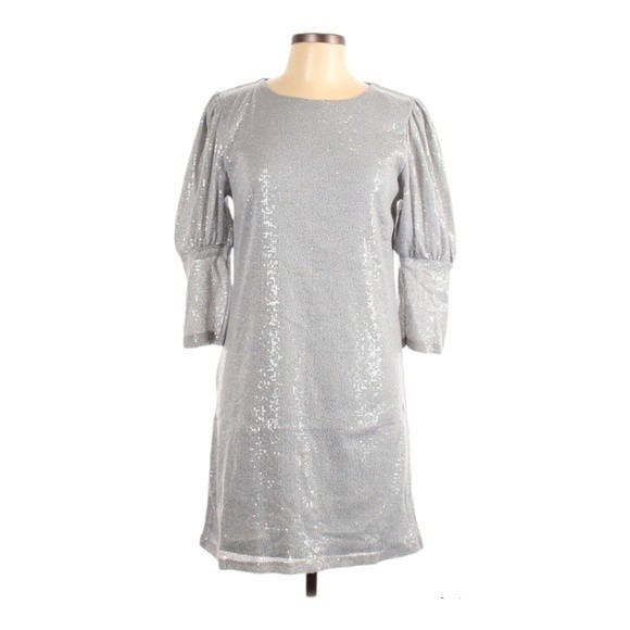 NWT Carla Conti Silver Sequin Balloon Sleeve Sheath dress L - Picture 2 of 10